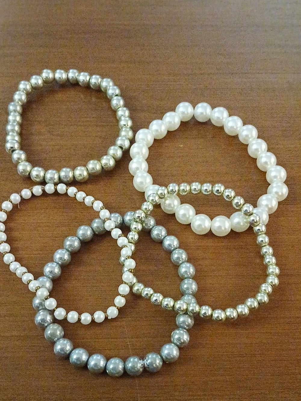 5 Pc Lot Faux Pearl and Metallic Bead Stretch Bracelet Set - White and Silver